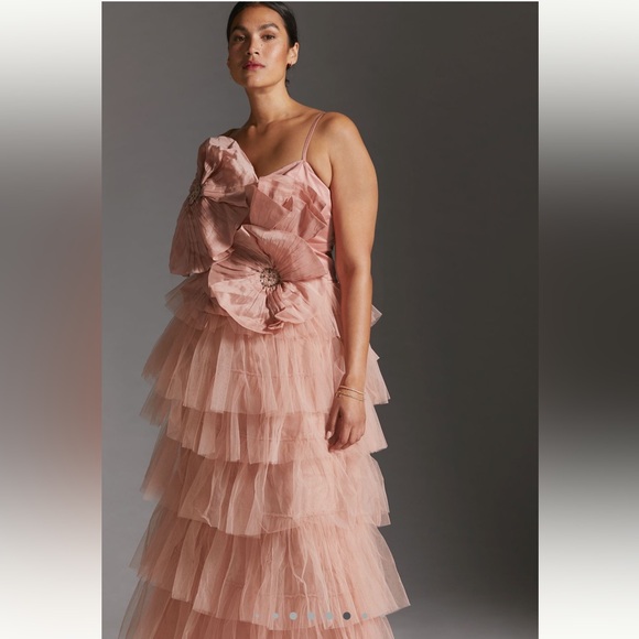 Anthropologie Kavita Bhartia Rosette Tiered Pink Tulle Gown 16W - Picture 6 of 13